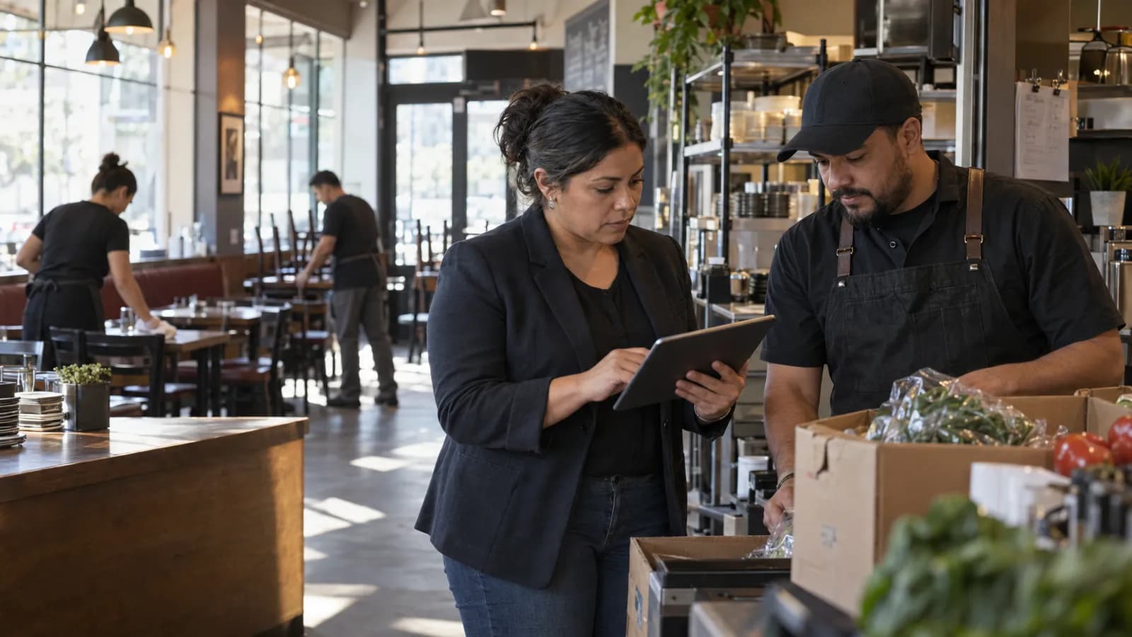 Illustrative scene of a regional operations lead reviewing the operation with a restaurant manager